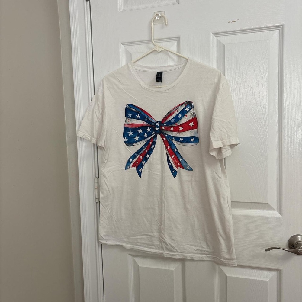 Girls' White Short Sleeve Tee with Red & Blue Star Bow Graphic